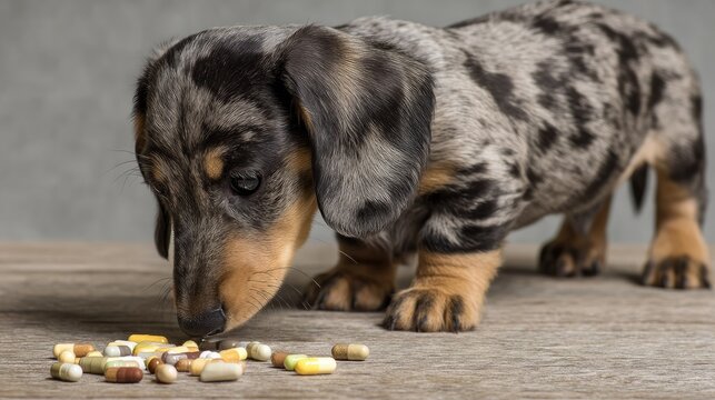 Playful Dachshund Puppy Sniffing Colorful Dietary Supplements