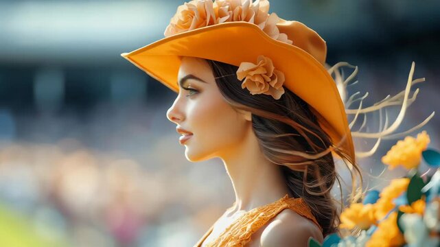 Elegant woman in bright orange hat with flowers enjoys sunny day at outdoor event in a lively park setting