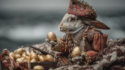 Naklejka premium Rabbit Dressed in Royal Attire Holding Golden Eggs by Treasure Chest