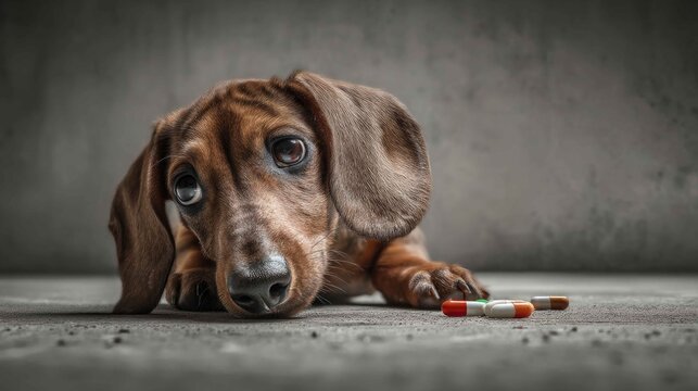 Sad Dachshund Dog Surrounded by Colorful Pills on Concrete Surface