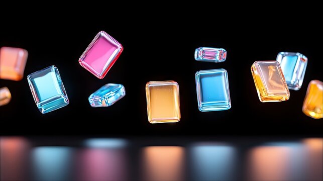 Several translucent, rectangular objects in various colors like pink, blue, and orange float in the air against a dark background.