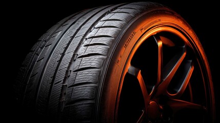Close-Up View of a High-Performance Tire with Dark Background Lighting