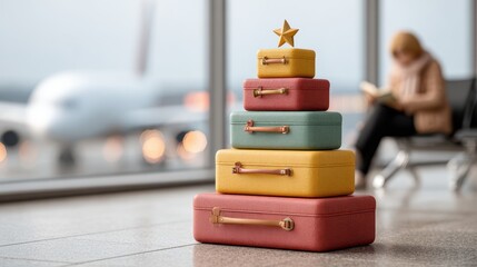 Colorful stacked luggage with a star on top in an airport terminal, showcasing travel essentials and a passenger reading in the background
