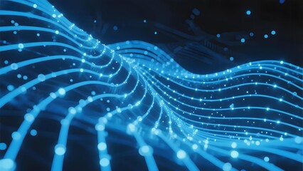 Abstract blue wave pattern with glowing dots and lines on a dark background