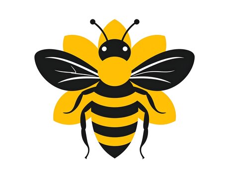 Bold vector illustration of a bee with black and yellow stripes, in front of stylized yellow flower - Powered by Adobe
