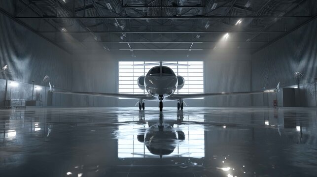 Modern Private Jet in Spacious Aircraft Hangar with Reflective Floor
