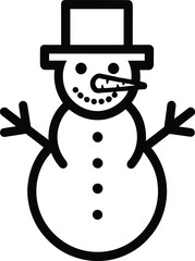 Minimalist black and white snowman vector icon featuring top hat and stick arms, isolated on white background for Christmas projects.