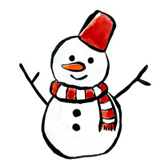 Hand-Painted Watercolor Snowman with Japanese Brushwork Accents