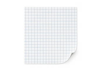 Blank grid paper sheet with blue lines and curled corner. Graph page as empty notepaper template on transparent background