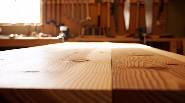 A detailed view of a wooden workbench with tools in the background. Natural light