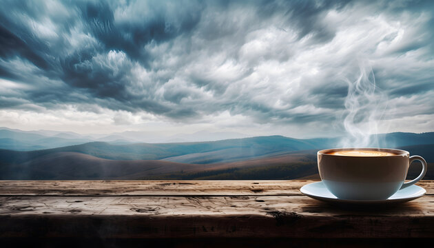 A steaming cup of coffee sits on a rustic wooden table with a breathtaking view of rolling hills under a dramatic cloudy sky creating an atmosphere of cozy solitude and natural beauty - Powered by Adobe