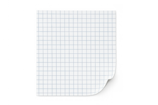 Blank grid paper sheet with blue lines and curled corner. Graph page as empty notepaper template on transparent background