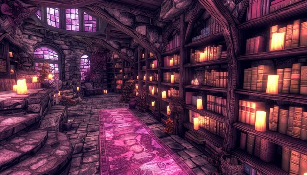 Enchanted library of floating books and glowing candles  a spooky yet cozy fantasy realm - Powered by Adobe