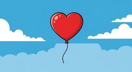 Red Heart Balloon Floating in a Blue Sky with Clouds.