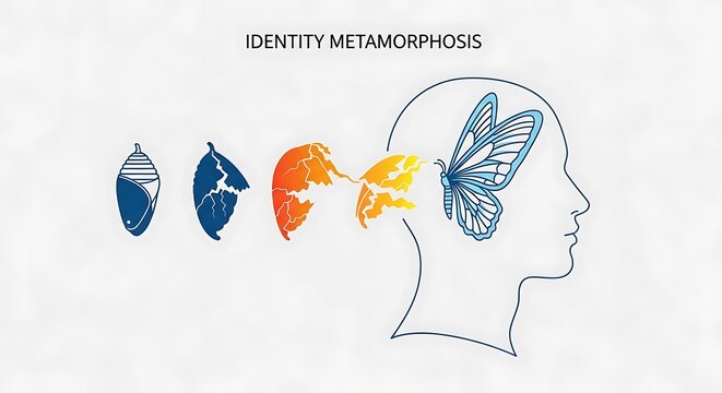 Conceptual illustration of identity metamorphosis and personal growth.
