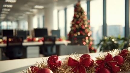 Festive office workspace decorated for holiday season with Christmas tree and ornaments creating a cheerful and inviting atmosphere