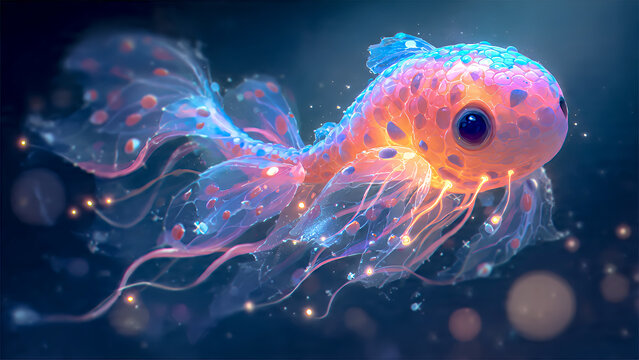 A cute, fantasy hybrid cartoon fish with glowing, jellyfish-like tendrils, bioluminescent pastel colors, large, expressive eyes, and a dreamy, soft glow around its body.