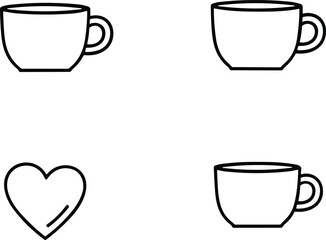 Minimalist set of black line art icons featuring coffee cups and heart symbol, vector illustration isolated on white background.