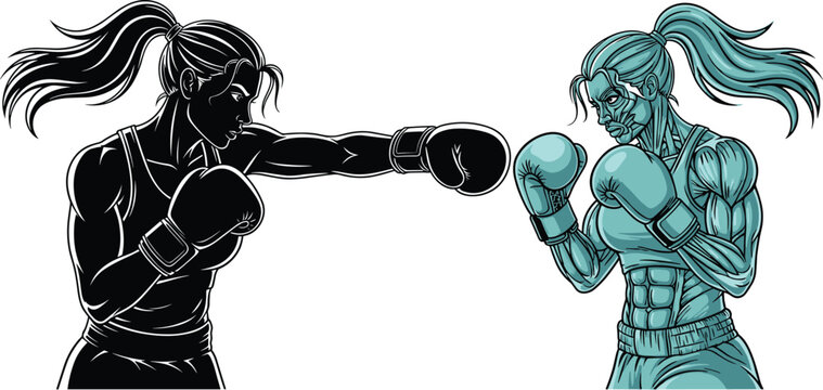Dynamic illustration of two strong female boxers fighting, showcasing powerful punch action, athletic strength, sports energy, fitness training, and competitive determination