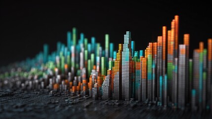 Abstract visualization of data trends with colorful bars representing statistical growth and fluctuations on a dark background in a technology-themed design.