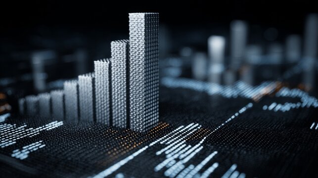3D Render of Abstract Data Visualization with Rising Bar Graphs and Dynamic Light Effects for Financial and Business Analysis