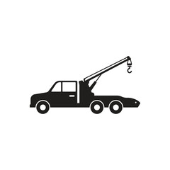 Black silhouette vector illustration of a tow truck viewed from the side against a white background The image is simple and flat in style