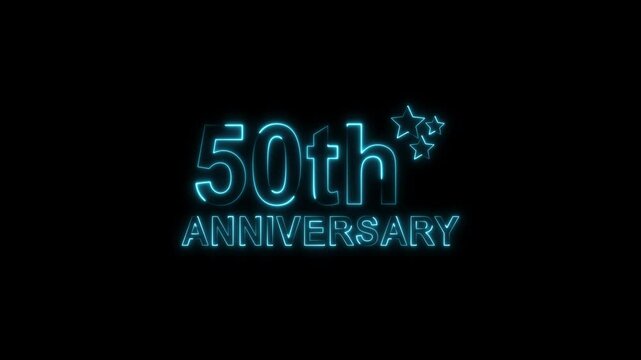 Celebrate 50th anniversary with glowing pink neon text and sparkling stars on a black backdrop, perfect for invitations, cards, and social media posts, evoking joy and milestone achievement
