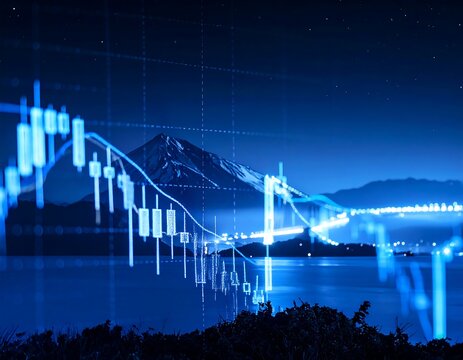 Blue-toned image of a mountain and lake with financial data overlayed - Powered by Adobe