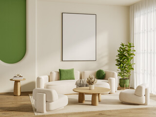 Bright Minimalist Living Room with Large Wall Frame, Cream Modular Sofa, Green Cushions and Wooden Coffee Table