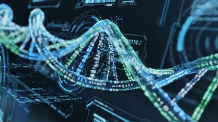DNA strand rendered with digital code overlay, conveying genetic research and scientific advancement in bioengineering field - Powered by Adobe