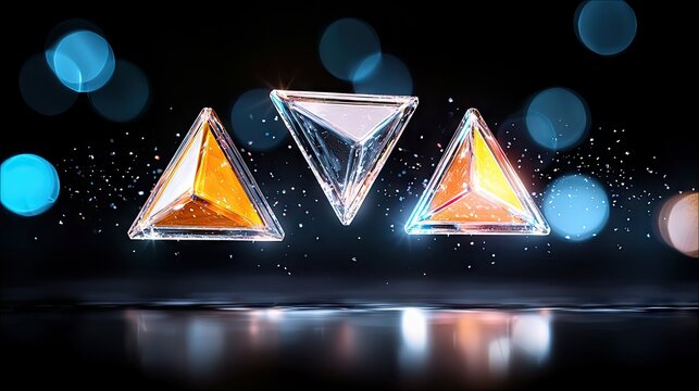 Three geometric triangular prisms, two filled with golden and orange hues, one clear, float against a dark background with bokeh lights and sparkling particles.