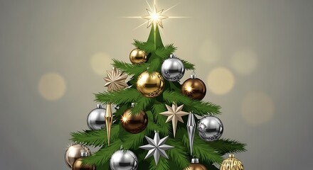 Beautifully Decorated Christmas Tree with Ornaments and Star Topper.