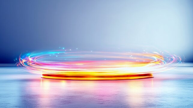 A glowing orange circular platform emits vibrant, swirling light trails in blue, pink, and yellow hues, with small sparkles scattered around.