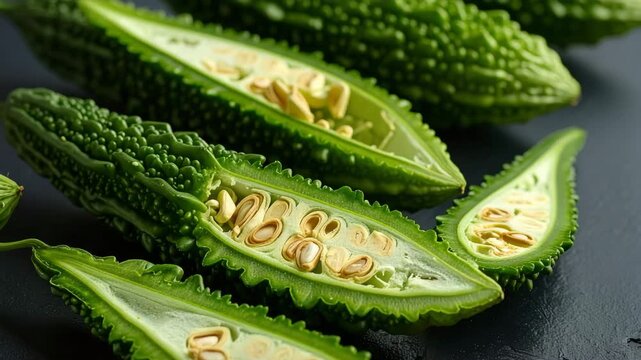 Bitter Melon Showcase: A close-up display of freshly cut bitter melon, revealing their unique textured surfaces and vibrant green interiors. It's a culinary and botanical delight.