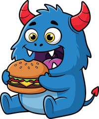 Cute blue monster eating burger illustration, funny cartoon character design, adorable creature artwork for kids, playful mascot holding sandwich