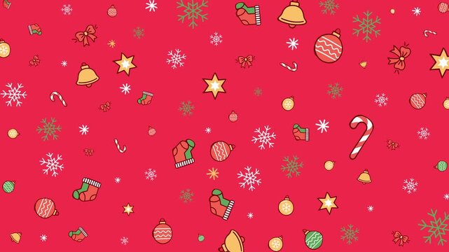 Christmas Festive Background Animation with Flat Colorful Holiday Icons and Looping Snowflakes on Red Motion Backdrop for Seasonal Video Projects
