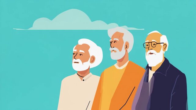 Diverse Group of Senior Men Standing Together in Flat Cartoon Style for Retirement and Community Concepts