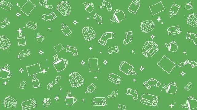 Cozy Winter Line Art Background Animation with Hygge Christmas Elements on Green Looping Motion Backdrop