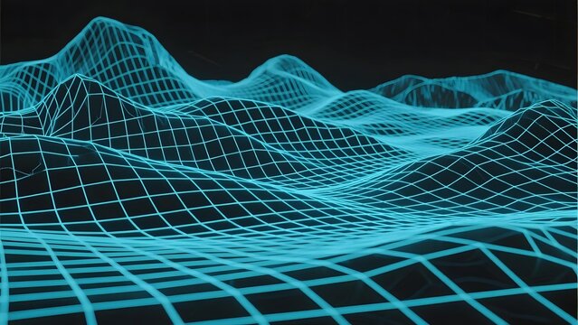 Digital wireframe landscape with glowing blue grid patterns forming mountainous terrain against a dark background