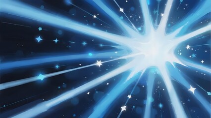 Bright light burst with radiant beams and sparkling stars in a dark blue cosmic background