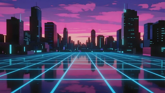 Futuristic cityscape with neon grid road and skyscrapers under a vibrant purple sky