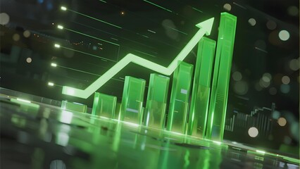 Green bar graph showing upward growth trend with glowing arrow on reflective surface