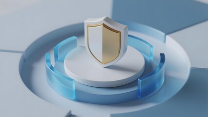 A golden shield icon displayed on a circular platform with blue accents, symbolizing protection and security.