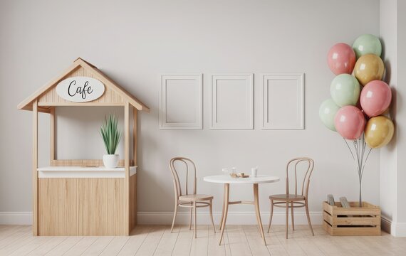 Cozy cafe counter setup with empty frames and colorful balloons