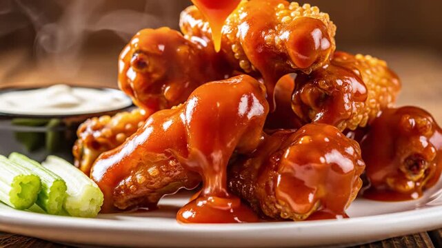Crispy chicken wings drenched in sauce, served with celery and dip on a white plate