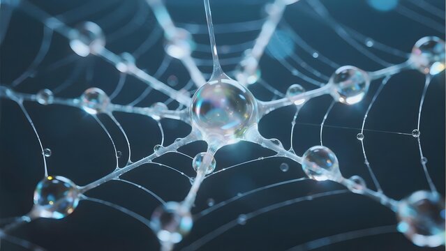 Close-up of a spider web with dew drops glistening in the light