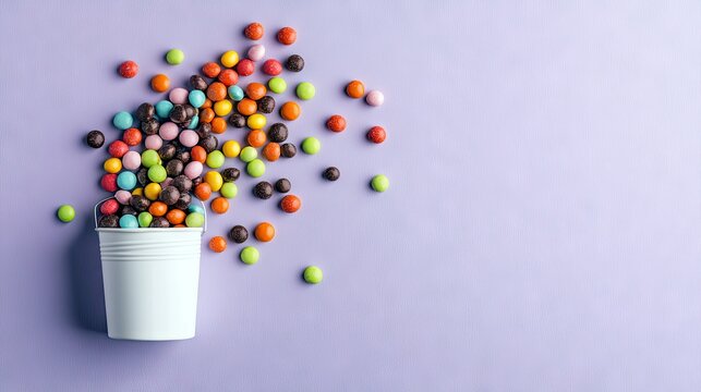 A white bucket is overflowing with colorful candies, which are scattered across a light purple surface.