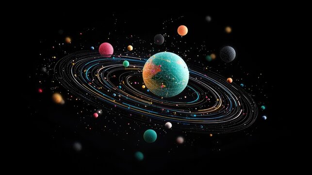 A vibrant collection of colorful planets and celestial bodies orbit a central, textured planet with rings.