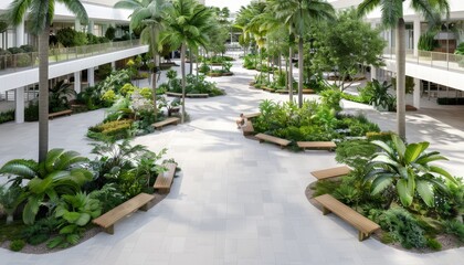 People embracing eco friendly urban park featuring solar panels, greenery, and smart benches