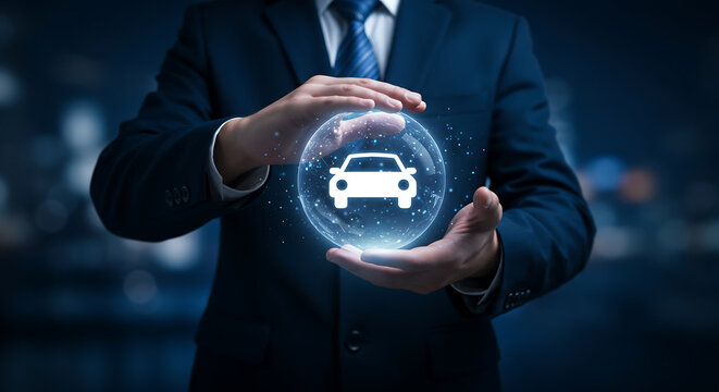 A businessman in a suit holds a glowing car icon in his hands. The image represents concepts like insurance, protection, and security